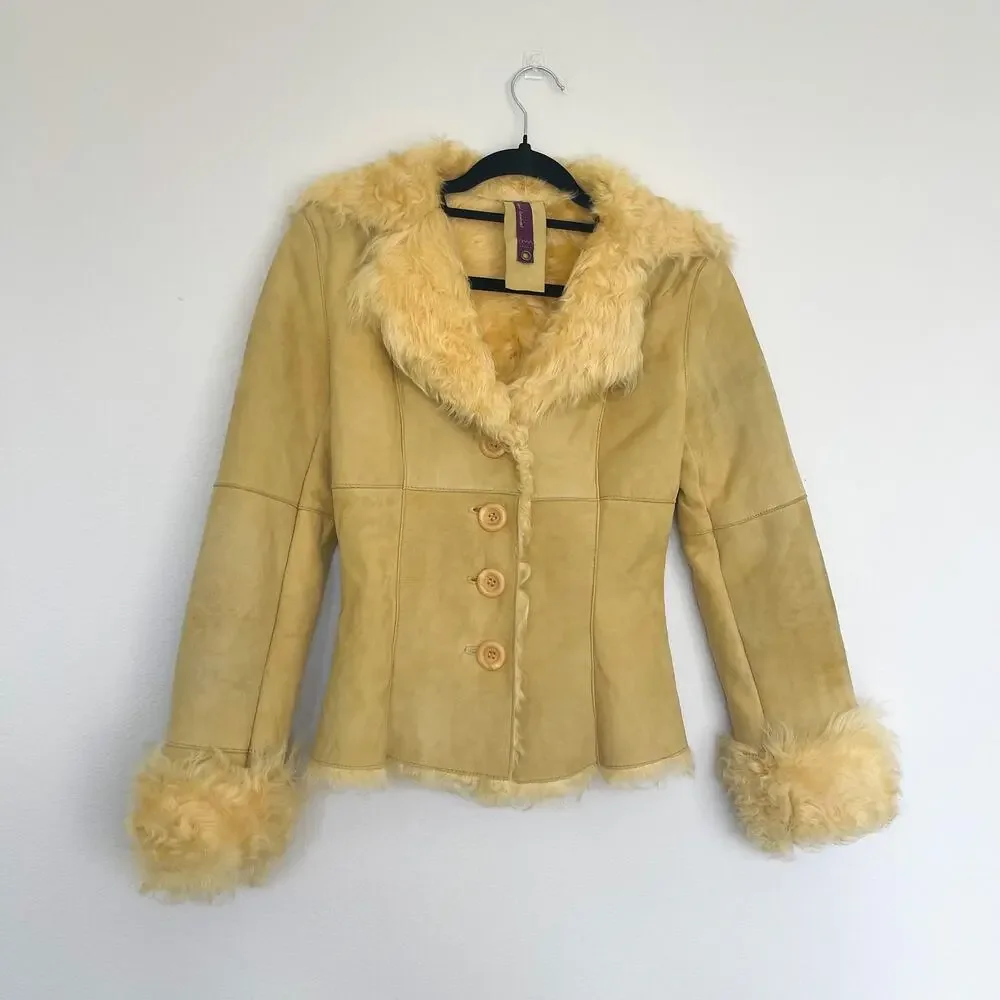 New Label SheepSkin Cream Yellow Leather Button Up shearling Jacket